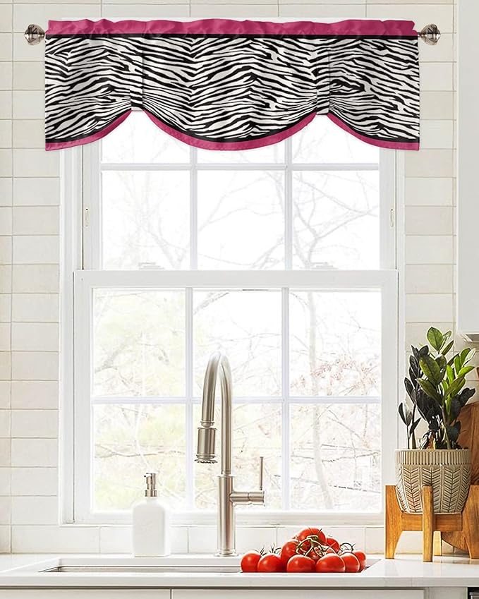 Animal Zebra Print Blackout Tie Up Valance Curtains for Kitchen Windows Black White Pink Window Toppers Balloon Shades for Living Room/Bathroom/Bedroom,1 Panel,42" X 18"