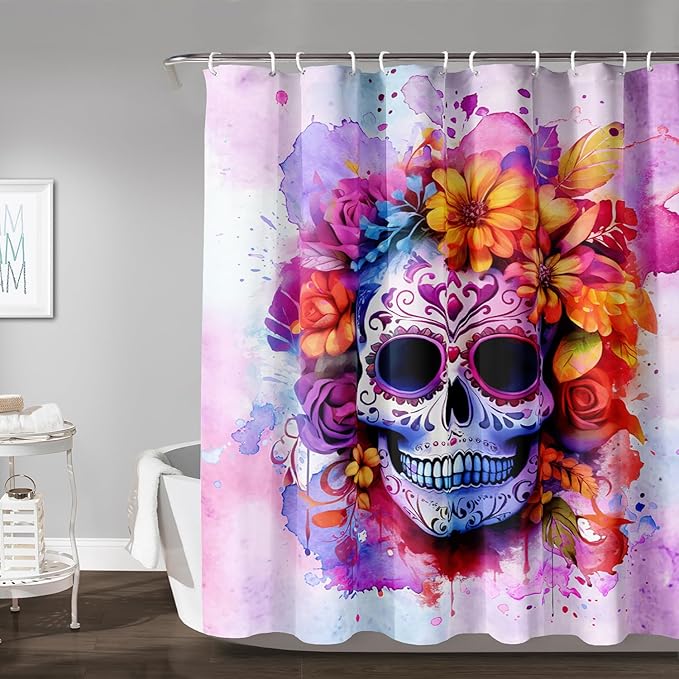 AILONEN Sugar Skull Shower Curtain for Bathroom,Pink Purple Graffiti Flower Art Bathroom Curtain for Kids Girls Teen,Bath Curtain 60" W*72" H Polyester Waterproof Bathroom Curtain with 12 Hooks