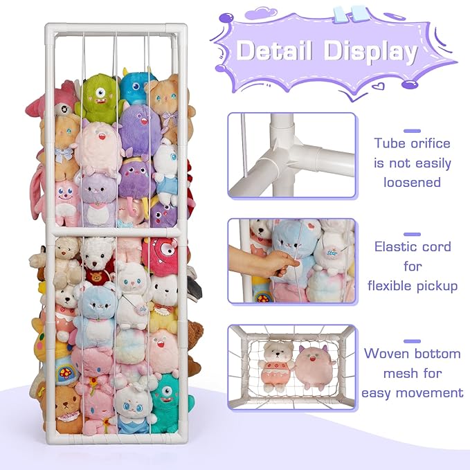 Trycooling Stuffed Animal Storage Zoo Stuffed Animal Holder Space Save Vertical Stuffed Animals Storage PVC with Elastic Band and Net for Playroom Birthday Gift for Bedroom Nursery (White 1)