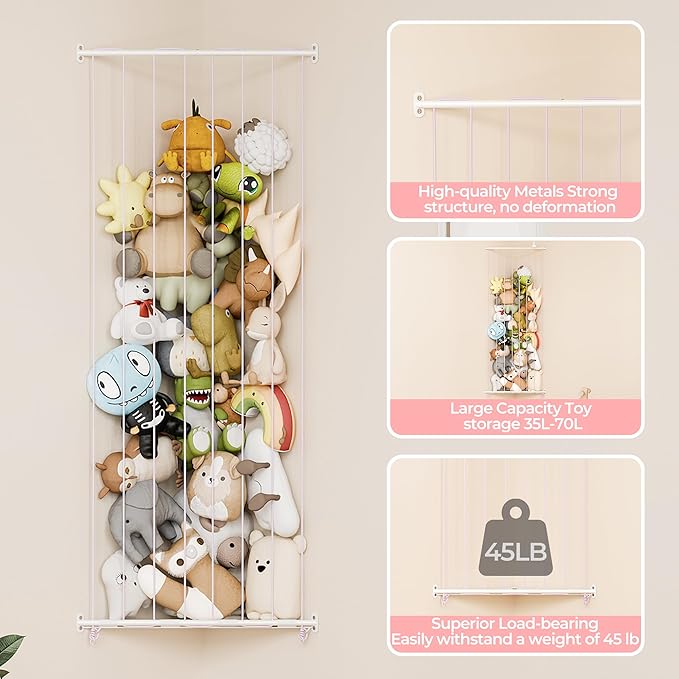 GRANNY SAYS Stuffed Animal Storage, Corner Stuffed Animal Holder for Toy Storage, Large Stuff Animal Organizer with Adjustable Length, Hanging Kids Toy Organizers for Plushies Storage, Pink