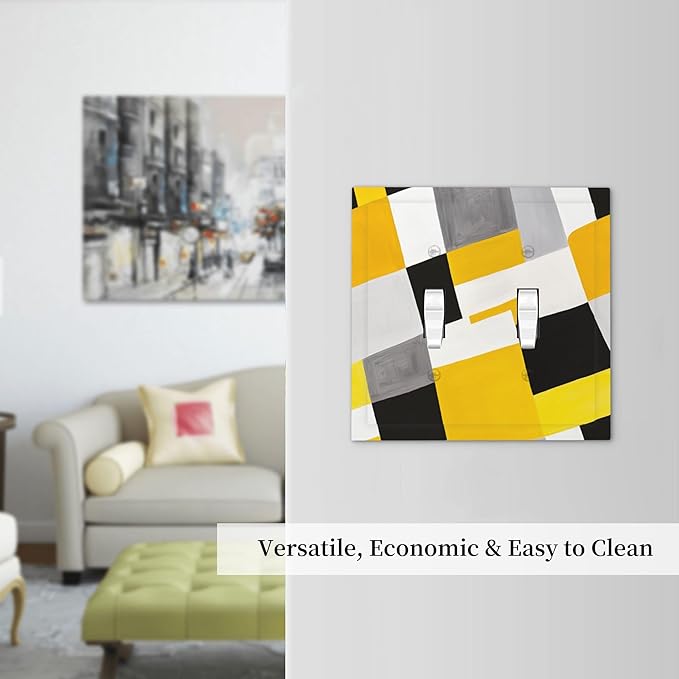 Geometric Yellow Gray Black White Double Toggle Light Switch Covers 2 Gang Wall Plate Dual Decorative Switchplate Electrical Faceplate for Bathroom Country Kitchen Bedroom Decor, 4.9" x 5"