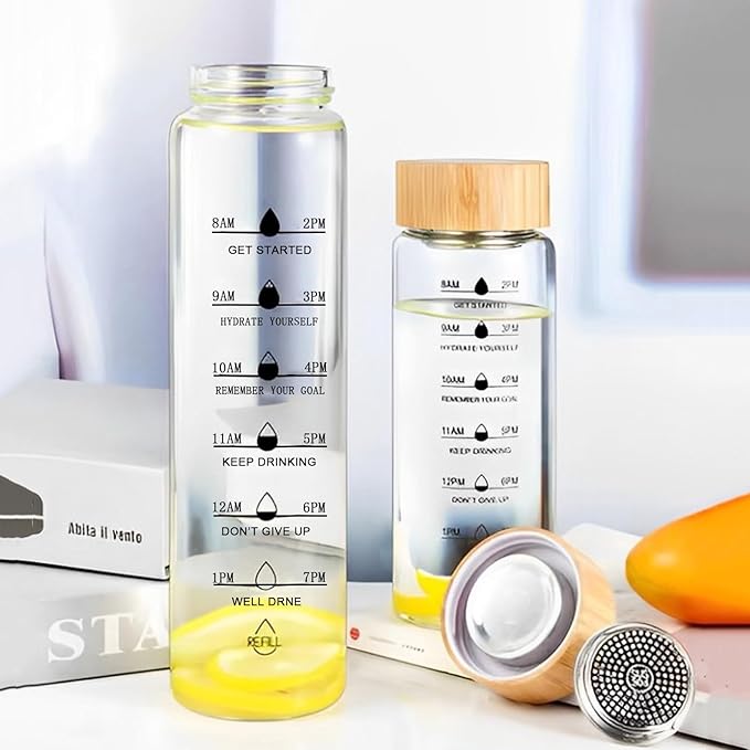 36oz Glass Water Bottle with Time Marker, Leak-Proof,With stainless steel tea strainer, BPA-Free Reusable Hot and Cold Beverages for Office, Gym, Travel