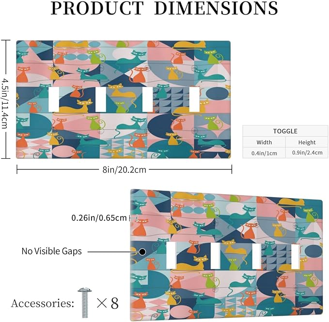 Mid Century Modern Atomic Cute Cats Quad Toggle Light Switch Covers 4 Gang Wall Plate Decorative Switchplate Electrical Faceplate for Kidroom Nursery Bedroom Decor