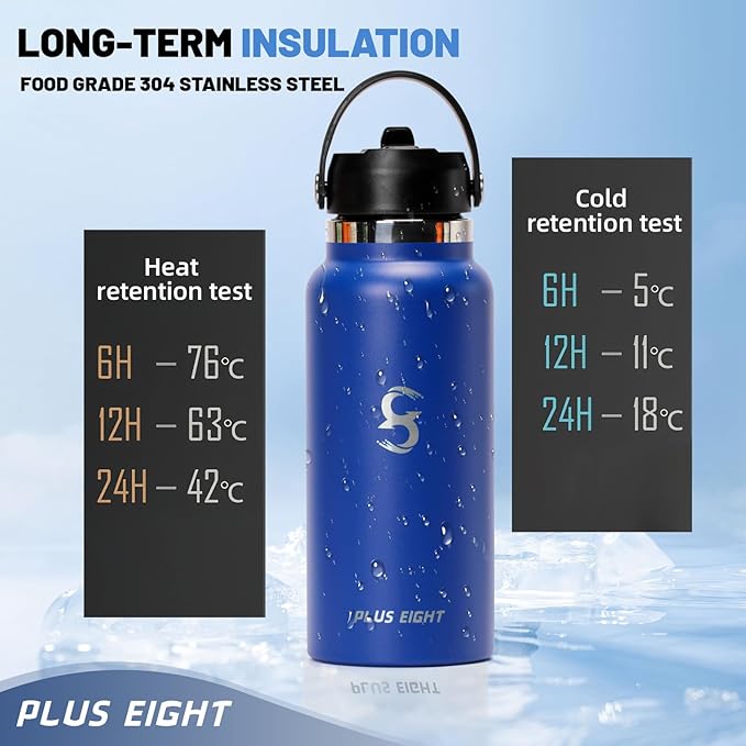 Sports Water Bottle, 32 oz Insulated Water Bottle With Straw, Stainless Steel Water Bottle Wide Mouth for Sports, Gym or Office, BPA-Free Keep Cold 24H Hot 12H (Blue)
