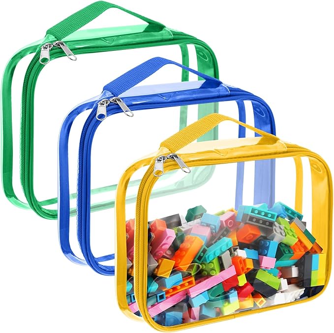 Sanwuta 3 Packs Toy Storage Bags with Zipper, Clear PVC Organizing Bags, Waterproof Toy Bags for Board Games, Building Blocks, Toys and Kids Books (Blue, Yellow, Green,12.6 x 9 x 2.36 Inch)