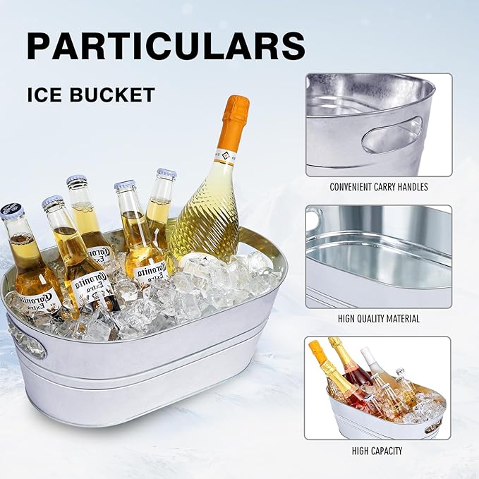 Galvanized Tub 4Pcs Ice Bucket 3 Gallon Beverage Tub Metal Beverage Buckets Ice Buckets for Parties Mimosa Bar Supplies for Beer Champagne Cocktails（Silvery）
