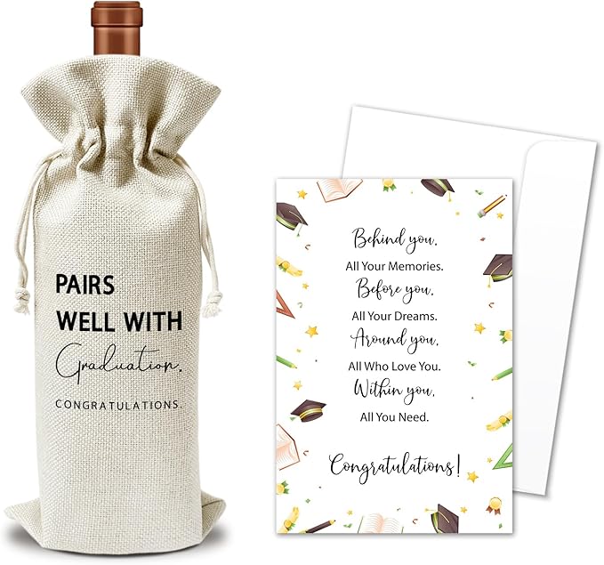 Graduation Wine Gift Bags & Card, Graduation Gifts for Him Her Son Daughter College, Pairs Well With Graduation, 1 pcs Reusable Burlap Wine Gift Bags for Wine Bottles, Graduation Party Decor Favor -28