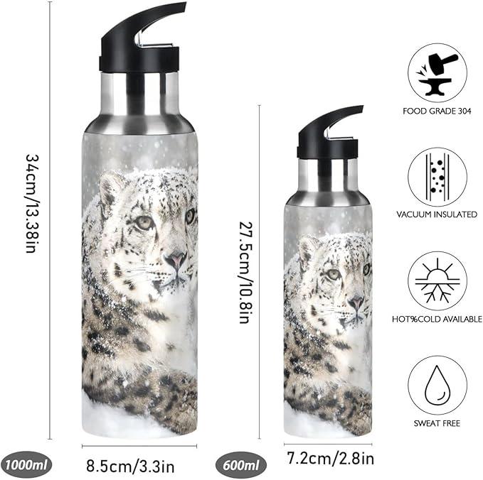 senya 34 Oz Water Bottle with Straw Snow Leopard Stainless Steel Water Bottle for Traveling Sports Leakproof Insulated Water Bottle