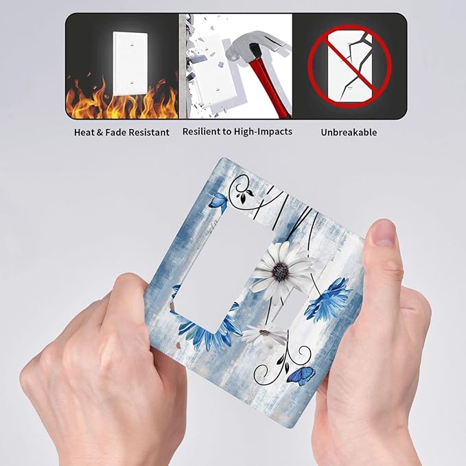 Rustic Teal Blue Daisy Floral 2 Gang Single Toggle Rocker Combination Light Switch Covers Wall Plate Cover Electrical Faceplate Decorative Switchplate for Country Bathroom Bedroom Kitchen Decor