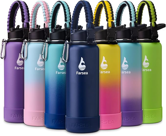 Farsea Insulated Water Bottle With Paracord Handle, Protective Boot and 2 Lids (Straw Lid & Spout Lid), Stainless Steel Water Bottle Wide Mouth, Double Wall Sweat-Proof BPA-Free, 40 oz