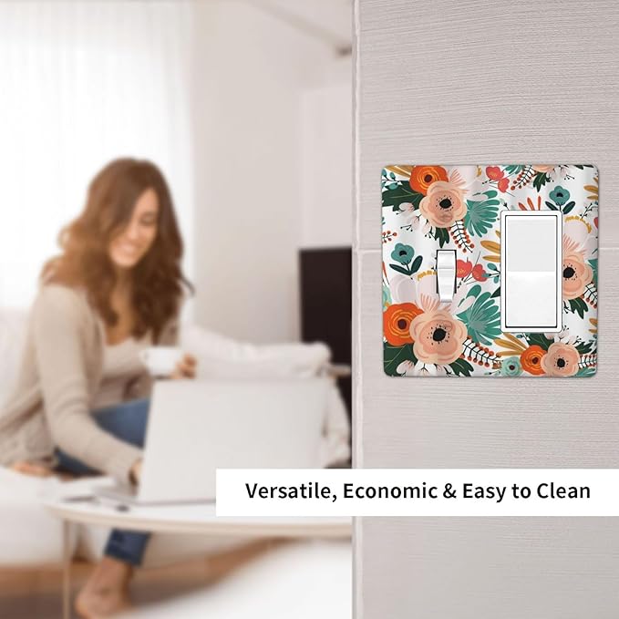 Rustic Floral Boho Colorful Flower 2 Gang Single Toggle Rocker Combination Light Switch Covers Wall Plate Cover Electrical Faceplate Decorative Switchplate for Farmhouse Bathroom Bedroom Decor