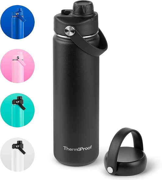 ThermoProof Hot & Cold Insulated Stainless Steel Water Bottle, Durable Leak Proof Gym Bottles for Men, Women & Kids, Double Walled Vacuum Bottles - 2 Lids (Black, 22oz)