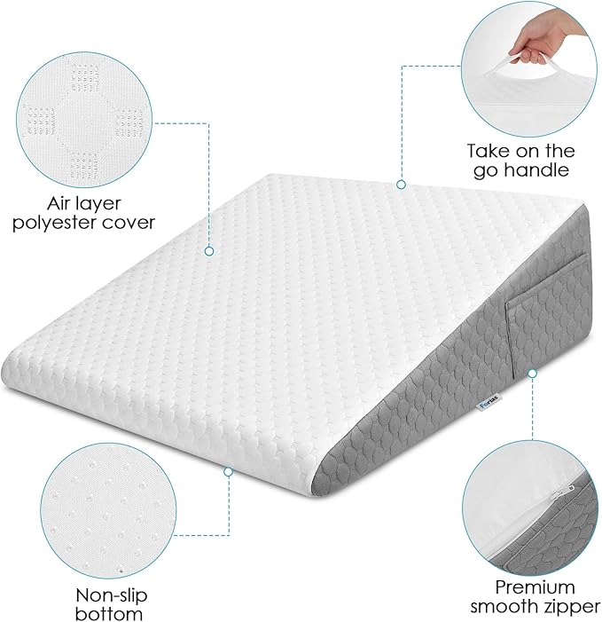 Forias 7.5" Wedge Pillow for Sleeping Bed Wedge Pillow for After Surgery Triangle Elevated Pillow Wedge for Acid Reflux Gerd Snoring Back Pain, Air Layer Removable Machine Wash Cover | Memory Foam Top