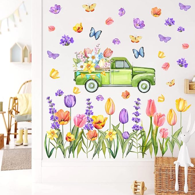 Garden Flowers Window Stickers Spring Window Cling Watercolor Butterflies Floral Wall Decals Peel and Stick Tulip Flower Window Decals for Kids Girls Bedroom Kitchen Shop Window Display Decoration