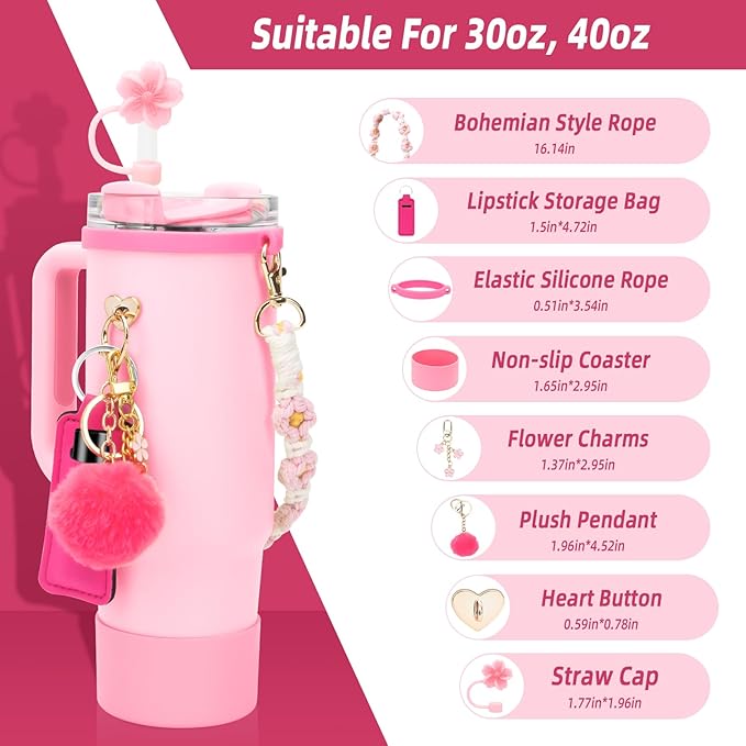 Stanley Cup Accessories Set Including 1 Pcs Water Bottle Handle Strap, 1 Pcs Siliocne Straw Cover, 1 Pcs Siliocne Stanley Cup Boot, 3 Pcs Stanley Charms for Stanley Cup 40oz & 30oz Tumbler - Pink