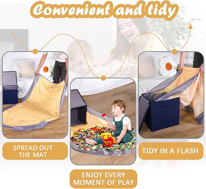 Toy Storage Basket and Play Mat for Kids, Foldable and Stackable Toy Storage Organizer for Building Bricks & Blocks, Toy Box Bin for Boys, Girls, Nursery, Playroom, 13"x13"x13" (Navy Blue)