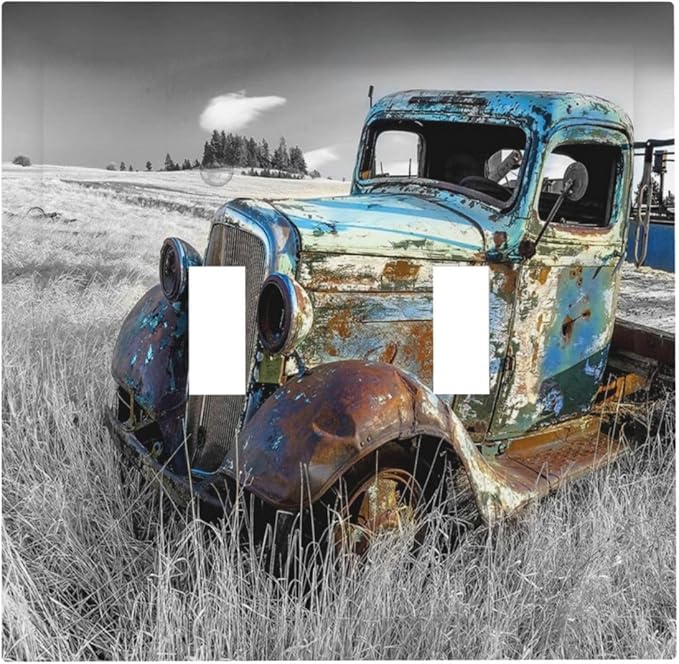 Vintage Country Old Blue Truck Double Toggle Light Switch Cover Decorative Rustic Automobile 2 Gang Wall Plate Electrical Faceplate Switchplate for Bathroom Bedroom Living Room Decor
