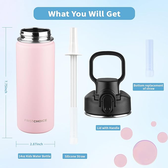 Insulated water bottle with Straw,18oz Stainless Steel Water Bottle for Adult Kids,Double Wall Vacuum Wide Mouth Insulated Water Bottle for School,BPA-free and Leak-proof（18oz,Pink）