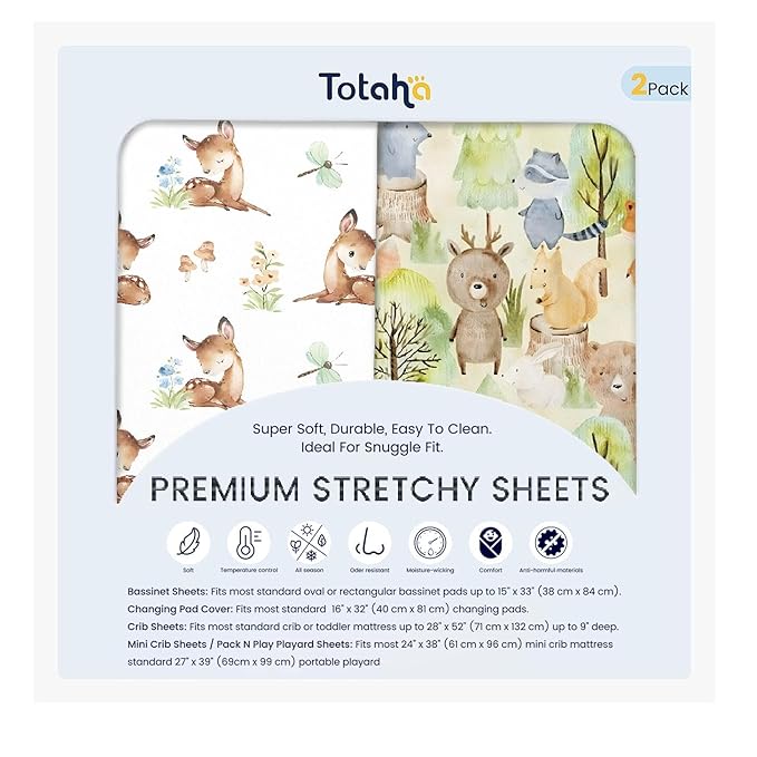 TotAha Premium Stretchy Crib Sheets (2-Pack)-Hypoallergenic, Silky Comfort, Buttery Soft, Calming Effect, All-Season Jersey-Knit Sheets, 9'' Extra Deep Pocket, Forest Bear & Cute Deer
