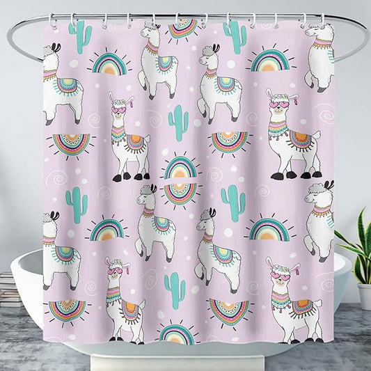 AILONEN Cool Llama Shower Curtain,Purple Desert Cactus Llama Bath Curtain,Polyester Water for Bathroom with 12 Plastic Hooks,72" W*96" H Purple