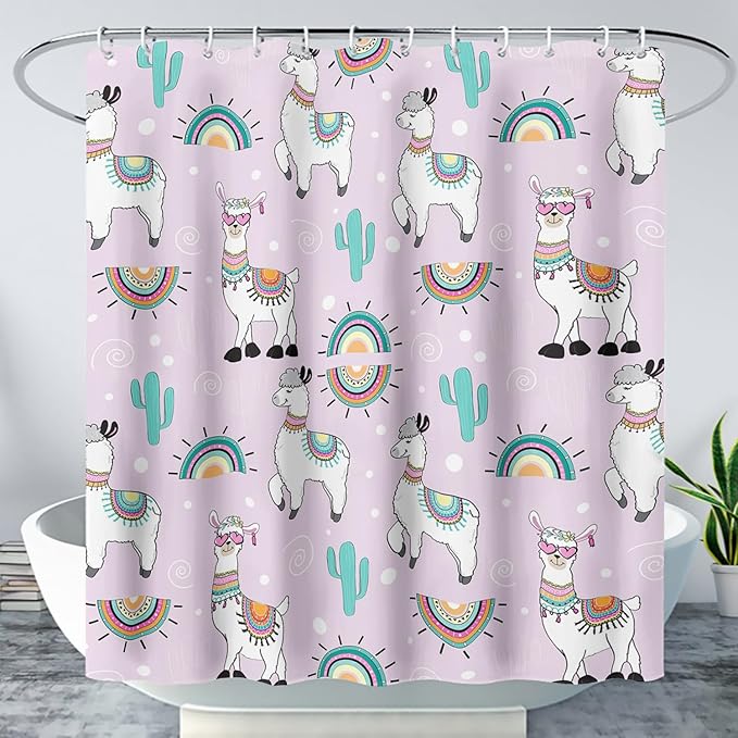 AILONEN Cool Llama Shower Curtain,Purple Desert Cactus Llama Bath Curtain,Polyester Water for Bathroom with 12 Plastic Hooks,72" W*84" H Purple