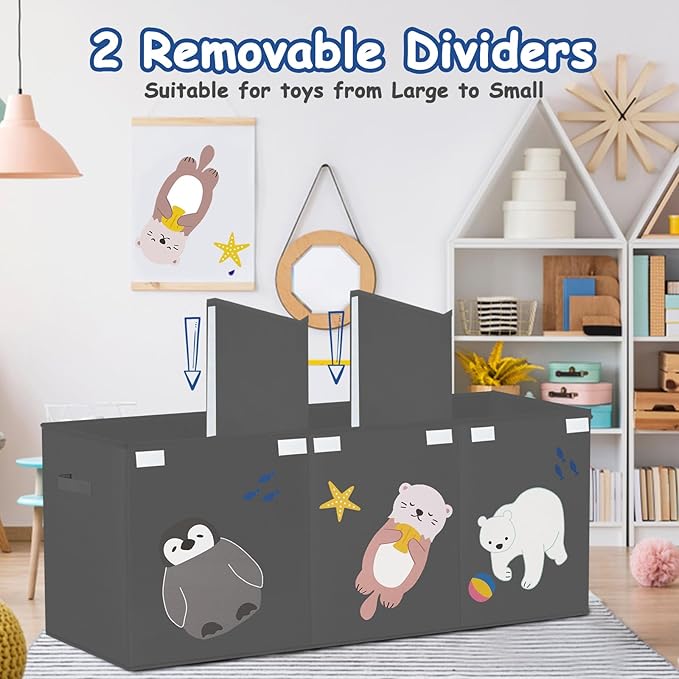 Large Toy Box Storage Chest,Sturdy Toys Storage Organizer Bin Basket with Dividers and Lids for Toddlers,Boys,Girls,Nursery,Closet,Living Room Area,Playroom(Grey Animals)