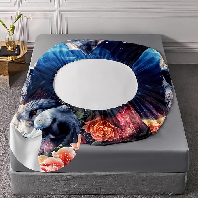 AILONEN Wolf Fitted Sheet Set Twin XL Size, Red Floral Flower and Wolves Animals Bed Sheet Set,3 Pieces Safari Wolf Bed Sheet Set for Boys Girls,1 Fitted Sheet with 2 Pillowcases