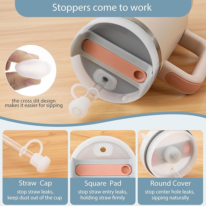 2 Set Spill Stoppers for Stanley Cup 20oz/30oz/40oz/64oz, Leak Proof Accessories for Stanley Tumbler with Straw Cap and Square Pad and Round Cover (Pink, 2)