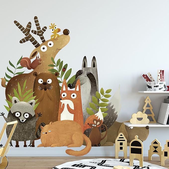 Jungle Animals Wall Decals Woodland Animal Wall Sticker Elk Dog Squirrel Civet Cat Wall Stickers Kids Room Baby Nursery Bedroom Door Wall Decor