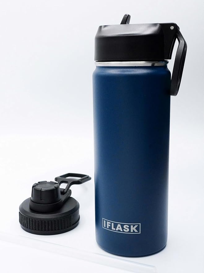 Sport Travel Outdoor Water Bottle with Spout and Straw Lids | Leak Proof | Insulated Stainless Steel Double Walled | BPA and Sweat free | Hot & Cold | For Kids Men & Women (Navy, 18 oz)