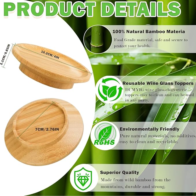 Wine Glass Charcuterie Topper, 2024 4Pcs New Wine Glass Charcuterie Board Topper, Bamboo Wine Glass Topper - Prevent Red Wine From Splashing, Charcuterie Wine Glass Topper, Gift for Wine Lovers (4)