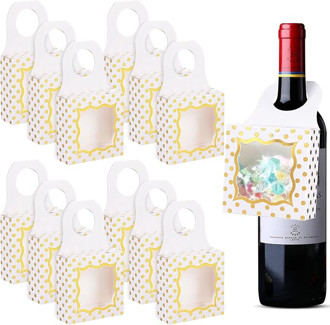 ISKYBOB 20PCS Wine Bottle Box with Window, Kraft Paper Wine Boxes for Birthday Gifts Hanging Wine Treat Box Mini Charcuterie Boxes Champagne Bottles Gift Boxes Candy Box for Party Favor (White Gold)