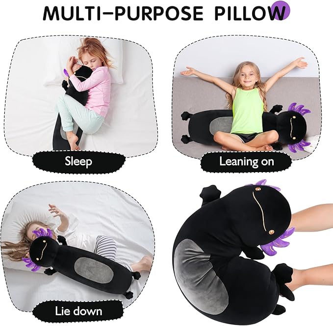 22 inch Black Axolotl Stuffed Animal, Cute Long Body Cuddle Pillow, Giant Axolotl Plushies Toy Gift for Kids, Boys Birthday