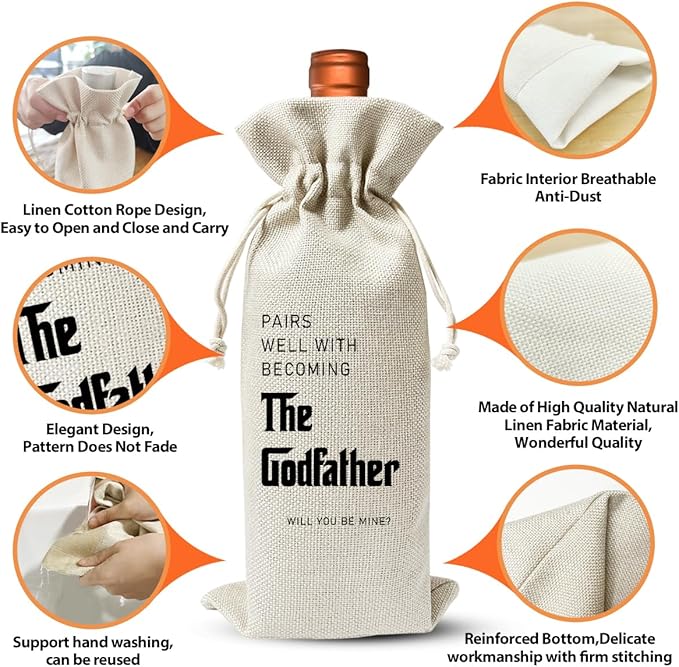 Godfather Proposal Gift Wine Bag, Pairs Well With Becoming A Godfather, Appreciation Christening Thank You Gift For New Godfather, Baby Shower or Party Favor, Baptism Decor, Baby Announcement Gift