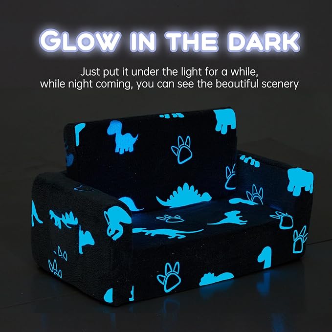 Toddler Chair, Toddler Couch, Kids Couch, Kids Sofa Chair 2 in 1, Comfy Toddler Chair Folding Out for Boys, Girls, Glow in The Dark Extra Soft Open Couch for Playroom, Gifts for Kids, Dinosaur
