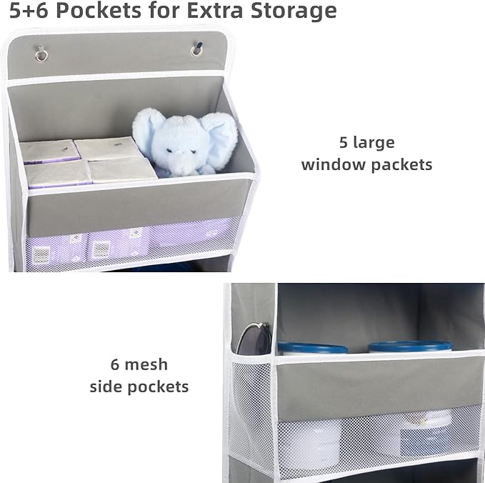 Over The Door Organizer, 5 Shelf Door Hanging Organizer with 6 Side Pockets, Anti Tilt 50lbs Weight Capacity Behind Door Storage for Bedroom, Bathroom, Pantry, Nursery, 1 Pack. (Grey)