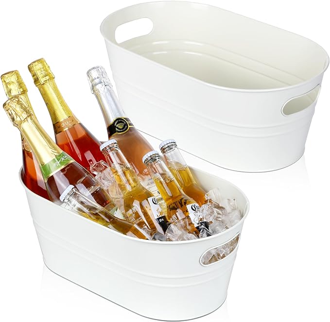 Galvanized Tub 2 Pcs 3 Gallon Metal Beverage Ice Buckets for Parties Drink Wine Beer Champagne Vintage Tin Large Buckets with Scoops for Cocktail Mimosa Bar Supplies (White)