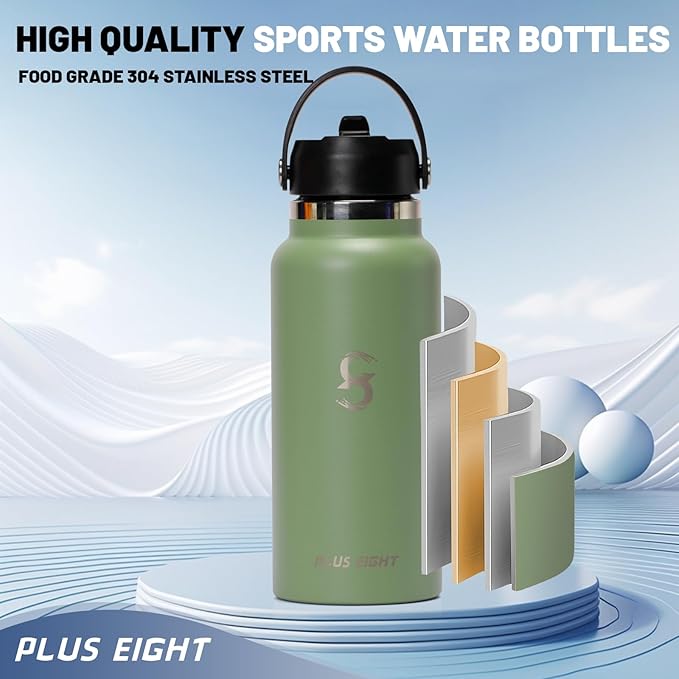 Sports Water Bottle, 32 oz Insulated Water Bottle With Straw, Stainless Steel Water Bottle Wide Mouth for Sports, Gym or Office, BPA-Free Keep Cold 24H Hot 12H (Agave)