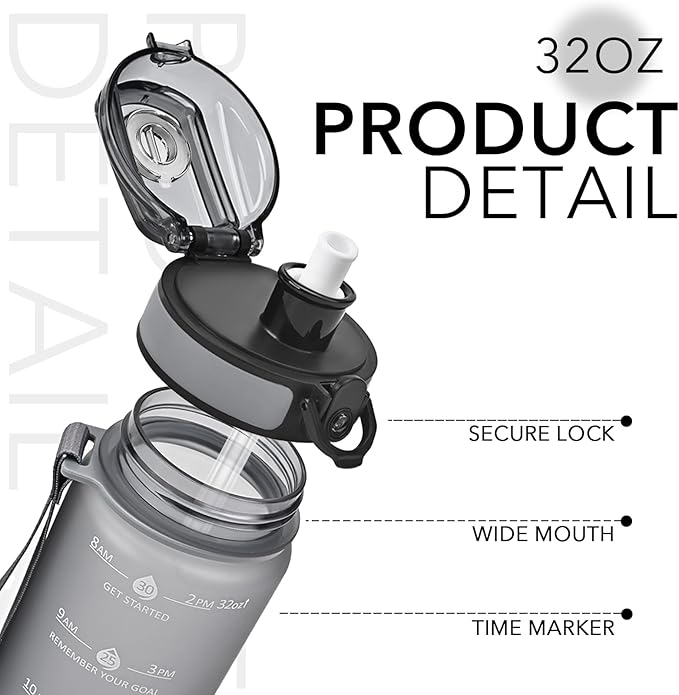 GOSWAG Water Bottles, 32 oz Motivational Sports Water Bottle with Straw and Time Marker to Remind You to Drink, Comes with Carry Strap, Leakproof