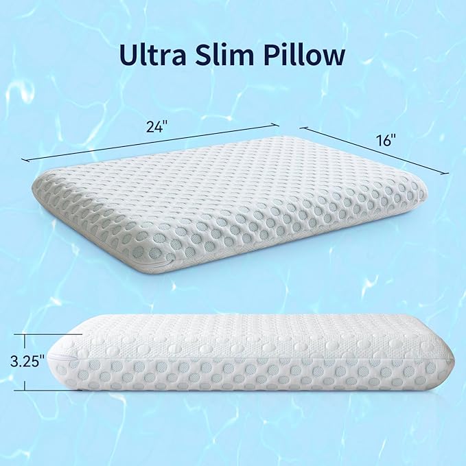 Ultra Thin Pillow 3.25" Stomach Sleeping, Gel Memory Foam Flat Pillow for Stomach and Back Sleepers, Slim Design Memory Foam Pillow with Two-Sided (CertiPUR-US, Standard Size)