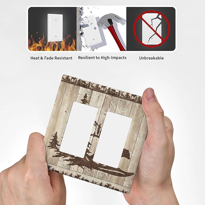 Rustic Wood Bear Forest 2 Gang Rocker Decora Light Switch Cover Decorative Vintage Antique Cabin Outlet Covers Wall Plate Electrical Faceplate Switchcovers GFCI for Farmhouse Bathroom Bedroom Decor