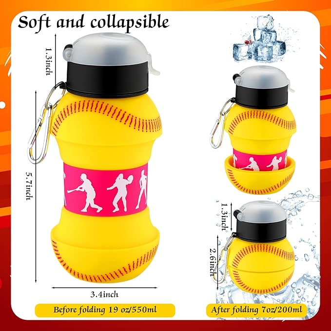 Softball Collapsible Water Bottle 18 oz Clip on Ball Drinking Cup Silicone Sports Water Mug Squeezable Leakproof Ball Shaped Bottle Folding Silicone Softball Cup for Sports Team Gift