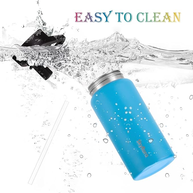 Kids Water Bottle with Straw 2 Pack, 16oz Water Bottles Bulk, Single Wall 18/8 Stainless Steel, Dishwasher Safe & Leakproof, Reusable Gift for Girls Boys to School Sports Travel Camping, Pink & Blue