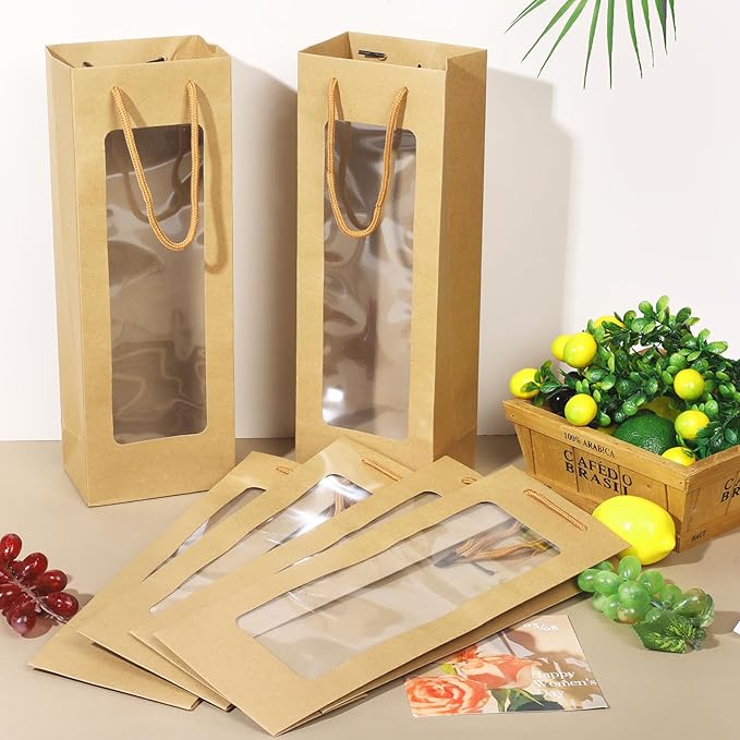 Megitzuu Wine Bottle Gift Bags With Window, 10 Pack Reusable Kraft Paper Gift Bags for Wine Bottle Birthday Party Wedding Bridal Shower