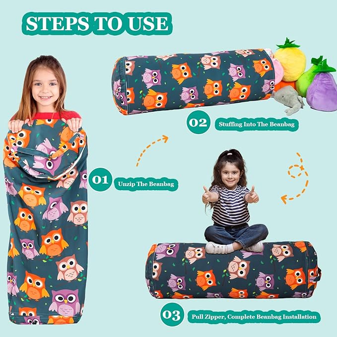 Stuffed Animal Bean Bag Storage Chair for Kids Cover Only (No Filler), Organize, Sit, Play & Boxing, 100% Cotton Canvas Washable, Ultra Soft Cylinder Long Vertical Zipper Best Gift for Child