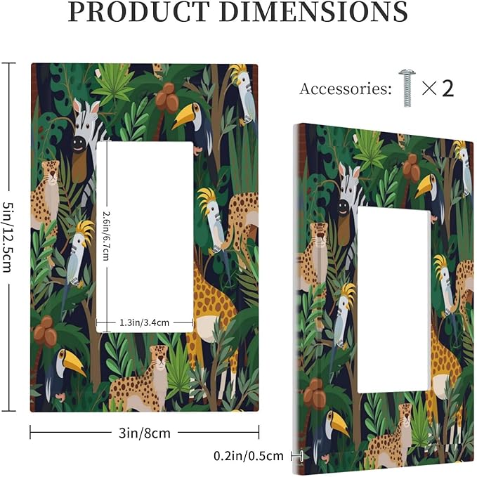 Cartoon Animal Zebra Leopard Giraffe Bird Leaf 1 Gang Rocker Nursery Light Switch Covers Decorative Single Decora Outlet Wall Plate Faceplate Switchplate GFCI for Kidroom Bedroom