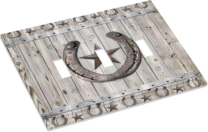 Rustic Western Wood Barn Door Horseshoe Iron Star 3 Gang Light Switch Covers Triple Toggle Wall Plate Decorative Switchplate Electrical Faceplate for Farmhouse Country Bedroom Decor