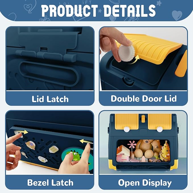 Toy Box Chest with Lid, Dinosaur Collapsible Storage Organizer for Kids Boys Girls, Plastic Stackable Toddler Toy Bins with Double Door Lid (Blue)