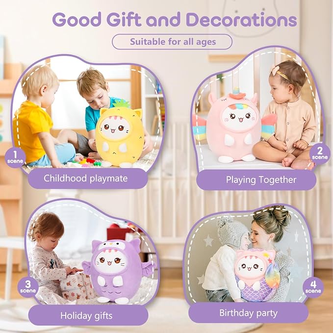 Cute Plush Owl Cat Stuffed Animal Pillow, 8" Soft Kawaii Kitten Plushie with Purple Owl Outfit Gift for Kids