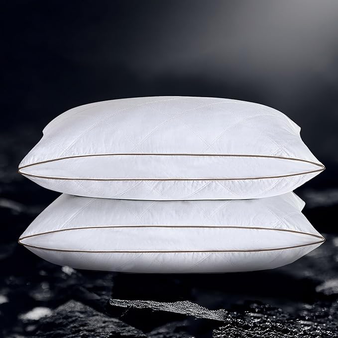 UNIKOME Goose Feather and Down Pillows,Oval Gusseted Feather Down Pillow for Sleeping, 100% Cotton Pillow Cover, Queen Size, Set of 2